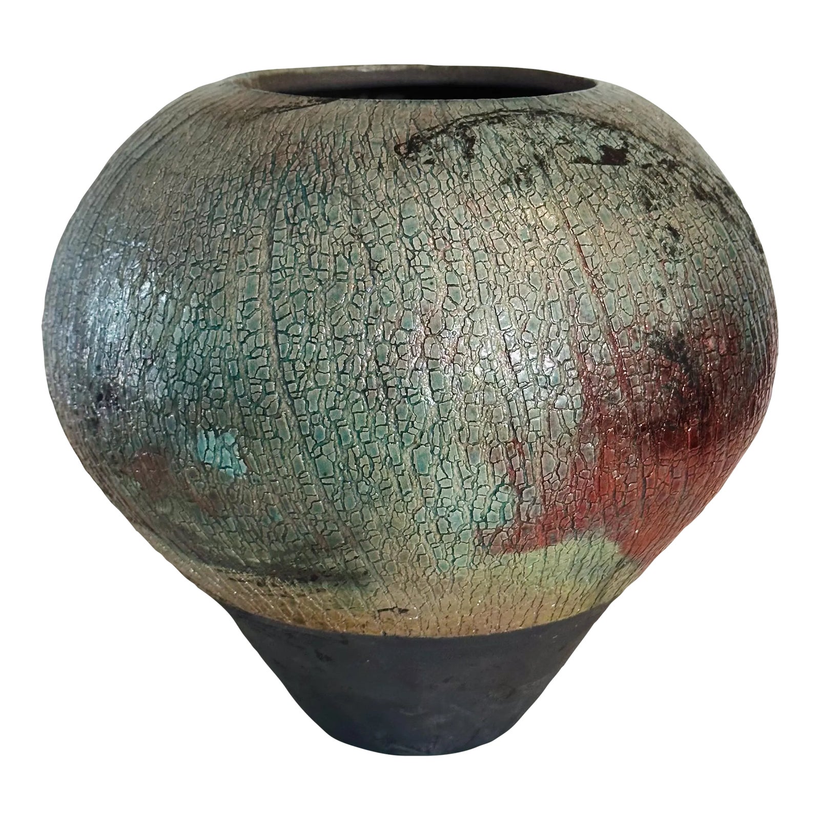 Mid-Century Hand Thrown Raku Pottery Vase in Bulbous Form in Shades of ...