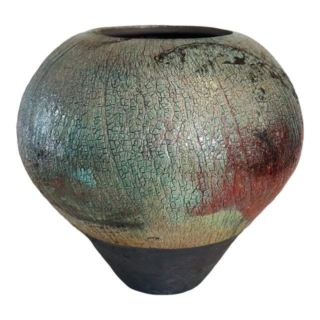 Mid-Century Hand Thrown Raku Pottery Vase in Bulbous Form in Shades of Turquoise and Rust For Sale
