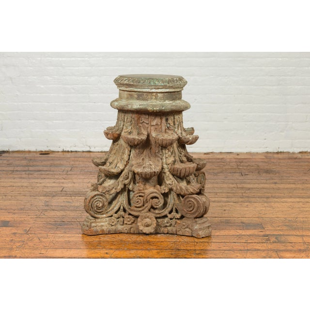 Antique Indian Corinthian Temple Capital Carving with Distressed Patina For Sale - Image 11 of 13