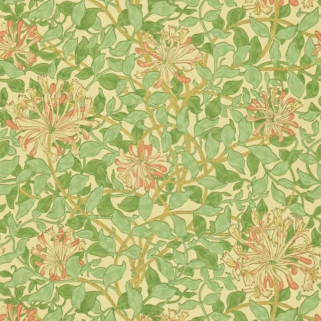 Morris & Co Honeysuckle Wallpaper in Green/Beige/Pink For Sale