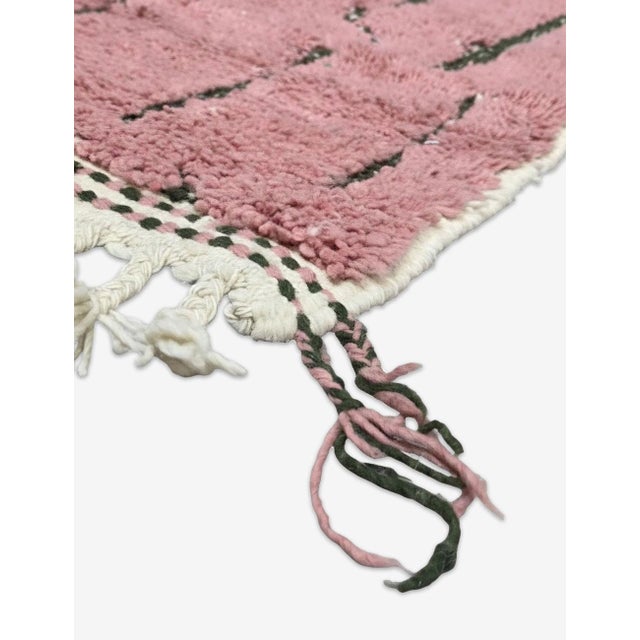 Contemporary Moroccan Rug | Handwoven Berber Wool Rug with Dusty Pink Field and Olive Maze Linework This understated...