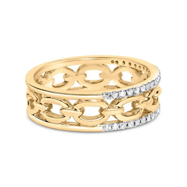 Contemporary 10K Yellow Gold 1/5 Cttw Diamond Two Row Cuban Link Ring (I-J Color, I2-I3 Clarity) - Size 8 For Sale - Image 3 of 7