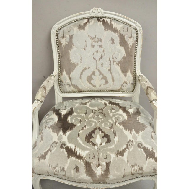 French Vintage French Country Louis XV Style White Distress Painted Arm Chairs - A Pair For Sale - Image 3 of 12
