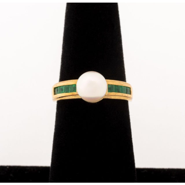 14K Yellow Gold Cultured Pearl Emerald Ring, featuring one centered round cultured pearl, approx. 6.50 - 7.0 mm, further...