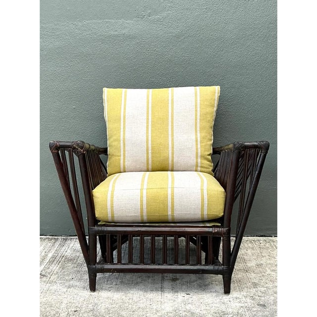 Mid-Century Modern Vintage Stick Rattan Lounge Chair in Ralph Lauren Cabana Stripe For Sale - Image 3 of 12