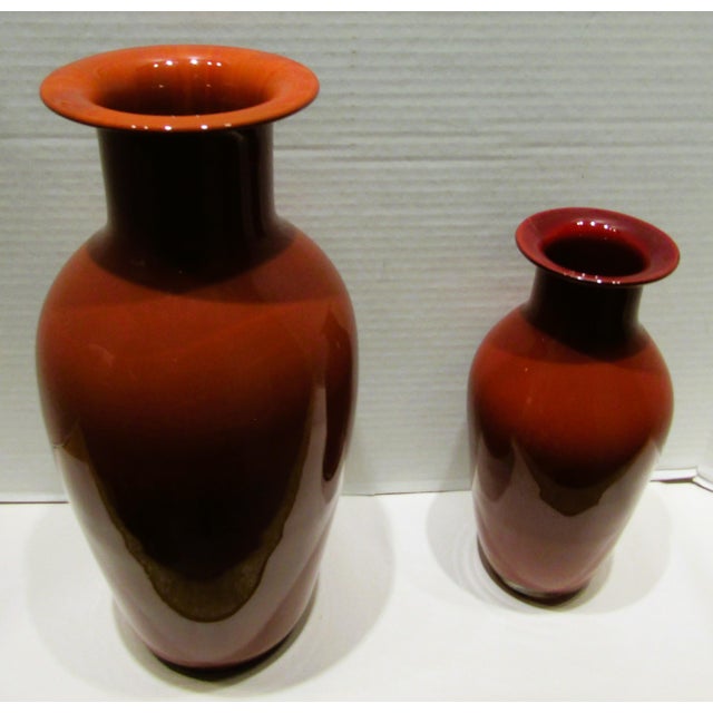 This is a rare pair of vintage signed (see last photos) Borovier & Toso oxblood red baluster vases from the 1970s. These...