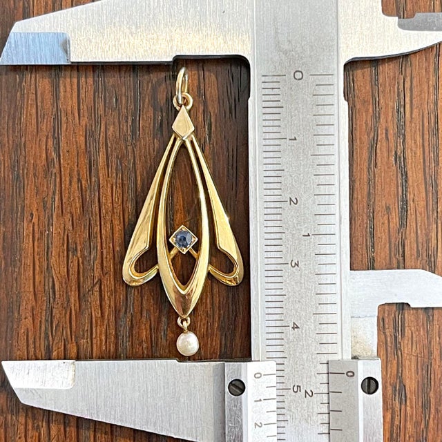 Metal Antique Art Nouveau Pendant, Sapphire & Pearl Drop , C. 1910 For Sale - Image 7 of 8