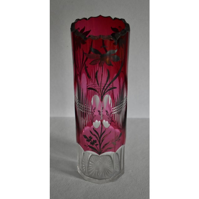 Vintage Clear Crystal Vase Bohemian Ruby Cut Cylinder Etched Silver Overlay For Sale - Image 12 of 15