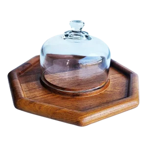 1970s Teak Wood Octagon Cheese Board With Glass Dome Cloche