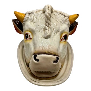 Antique Staffordshire Majolica Cow Head Dish, Victorian English Novelty Server For Sale