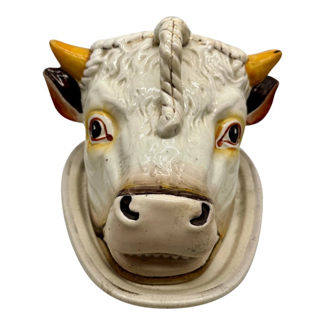 Antique Staffordshire Majolica Cow Head Dish, Victorian English Novelty Server For Sale