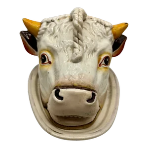 Antique Staffordshire Majolica Cow Head Dish, Victorian English Novelty Server