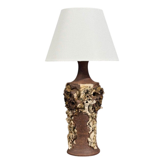 Bodil Marie Nielsen, Large Brutalist Table Lamp, Brown Stoneware, Denmark, 1960s For Sale