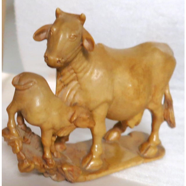 Gemstone Japanese Yellow Jasper Hardstone Carving of a Cow and Calf For Sale - Image 7 of 16