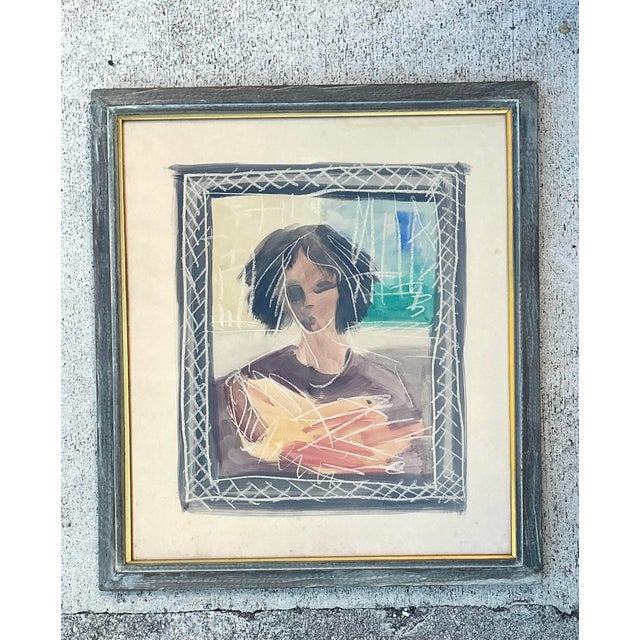 This captivating vintage mixed media portrait captures a sense of emotive depth and ethereal mystery. Executed on paper...