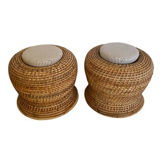Round Moorah Stools With Custom Cushion - a Pair For Sale