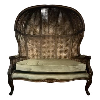 1950s French Louis XV Style Hand-Caned Bergère Settee in Carved Walnut With Shield Back For Sale