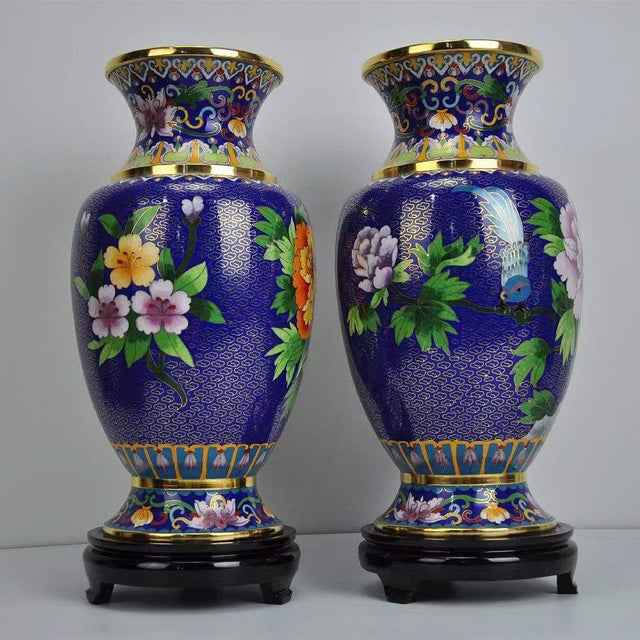 This is a stunning matching pair of large-scale baluster vases, crafted in the traditional cloisonné enamel technique. The...