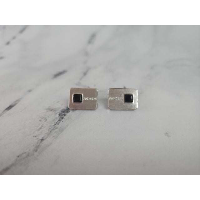 Rectangle Shaped Diamond & Onyx Cuff Links 14k White Gold, 2 Pieces For Sale - Image 4 of 6