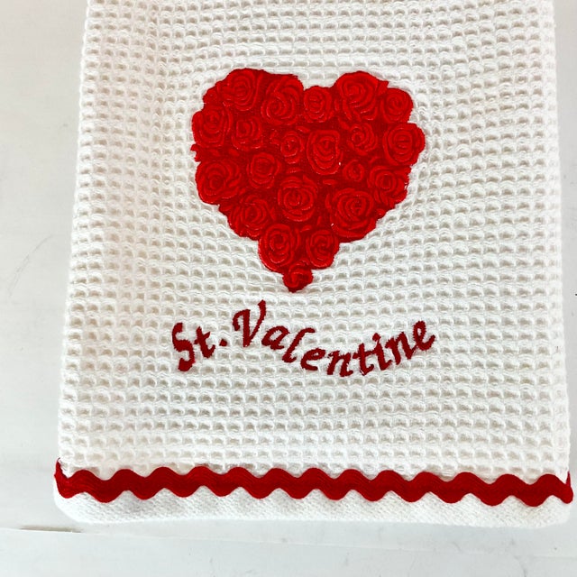 Vintage Hollywood Regency St. Valentine Waffle Kitchen Towel With Roses Heart For Sale - Image 11 of 13