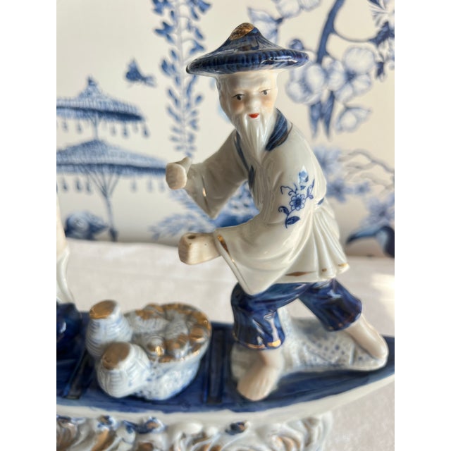 Blue Vintage Blue & White Porcelain Chinese Fishermen in Boat For Sale - Image 8 of 11