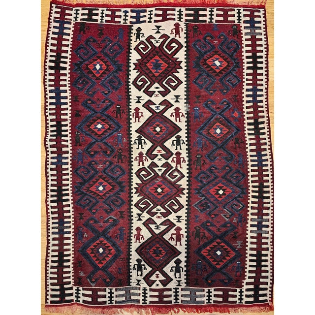 3' 4" x 4' 8″ Vintage South American pictorial rug in deity forms pattern in ivory, brown, purple, and pink colors circa...