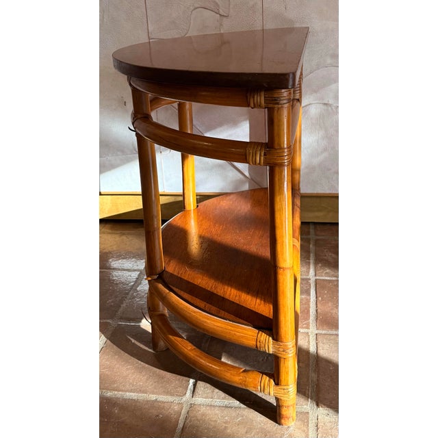 Mid 20th Century Vintage 1940’s Mid-Century Original Condition Rattan, Bamboo Two Tier Drink Table, Side Table in Rare Demi-Lune Shape, Palm Beach Style For Sale - Image 5 of 12