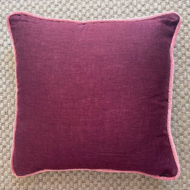 Textile Contemporary Linen Pillow in Eggplant Purple With Pink Trim For Sale - Image 7 of 7