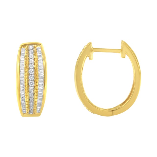 These rich and beautiful 10K yellow gold hoop earring are classic in style and trendy in fashion; the pave and channel set...