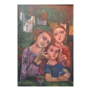 Joseph WolinsNew York City Tenement Family Modernist WPA Era Oil Painting Wolins