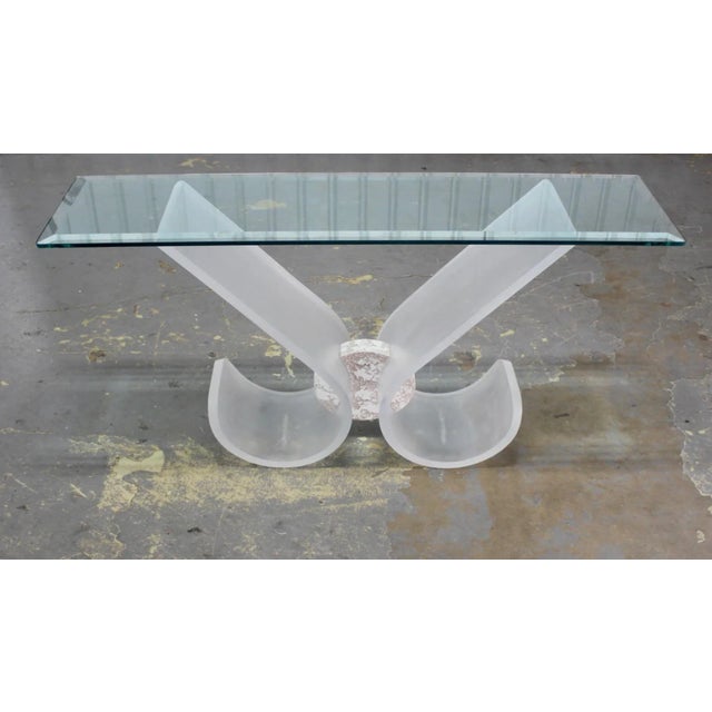 Lion in Frost Style Vintage Mid Century Modern Frosted Lucite Natural Stone Glass Console Table. Beveled glass does not...