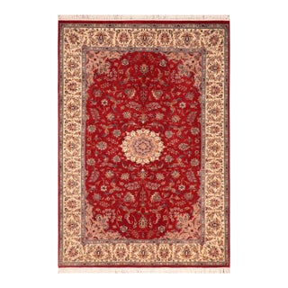 Shabby Chic Medallion 1990's Pak-Persian Red/Ivory Wool Rug - 6'2'' X 9'3'' For Sale