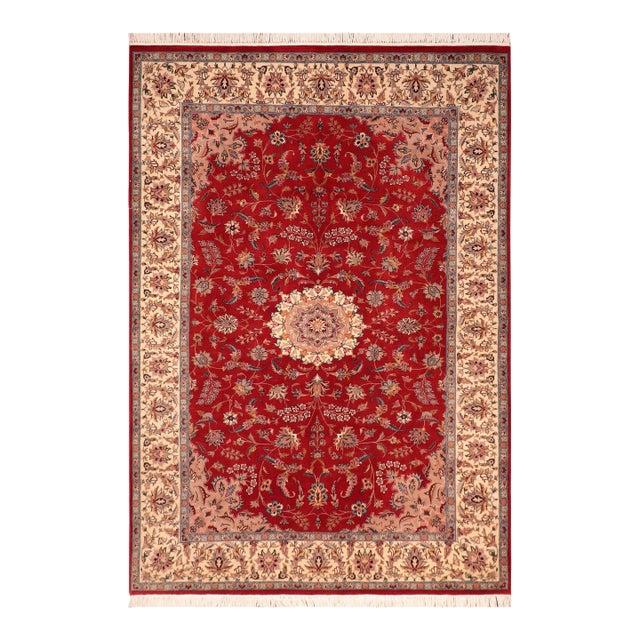 Shabby Chic Medallion 1990's Pak-Persian Red/Ivory Wool Rug - 6'2'' X 9'3'' For Sale