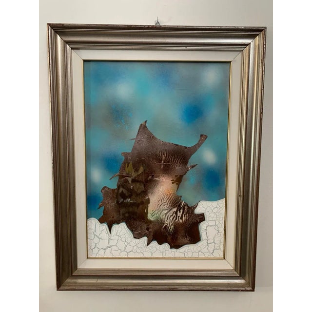 Framed painting by Sergio Melloni the title on the back is illegible, the technique is mixed with craquele relief at the...