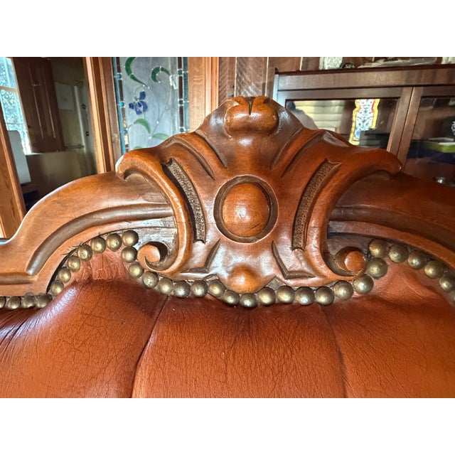 Victorian Style Tufted Leather Sofa With Carved Wood Frame, Vintage For Sale - Image 4 of 7