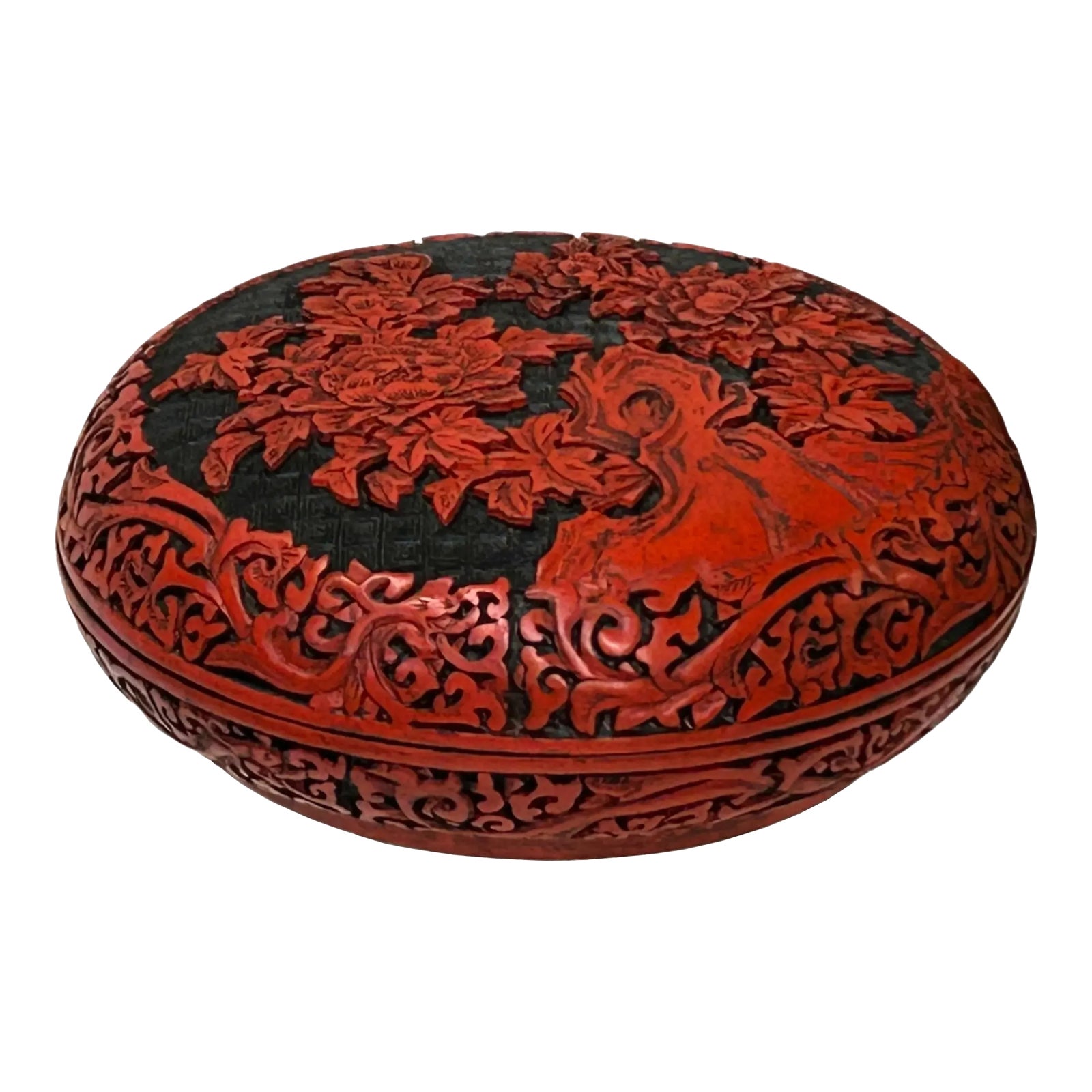Vintage Chinese Red Lacquer Round Floral Carving Accent Box | Chairish