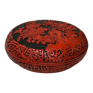Vintage Chinese Red Lacquer Round Floral Carving Accent Box