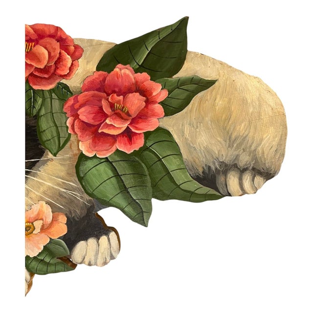 Original artwork by Chicago artist, Nancy Weinberg (1922-2020), 1991. Large Siamese cat with Camellia flowers painted on...