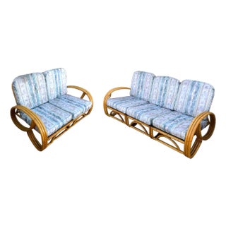 1940s Restored Mid-Century Modern 3-Strand 3/4 Pretzel Arm Rattan Sofa & Settee Living Room Set- 2 Pieces For Sale