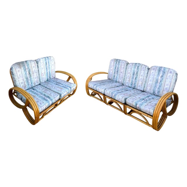 1940s Restored Mid-Century Modern 3-Strand 3/4 Pretzel Arm Rattan Sofa & Settee Living Room Set- 2 Pieces For Sale