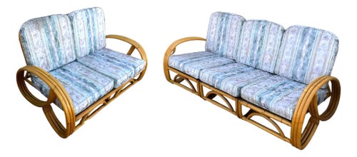 1940s Restored Mid-Century Modern 3-Strand 3/4 Pretzel Arm Rattan Sofa & Settee Living Room Set- 2 Pieces