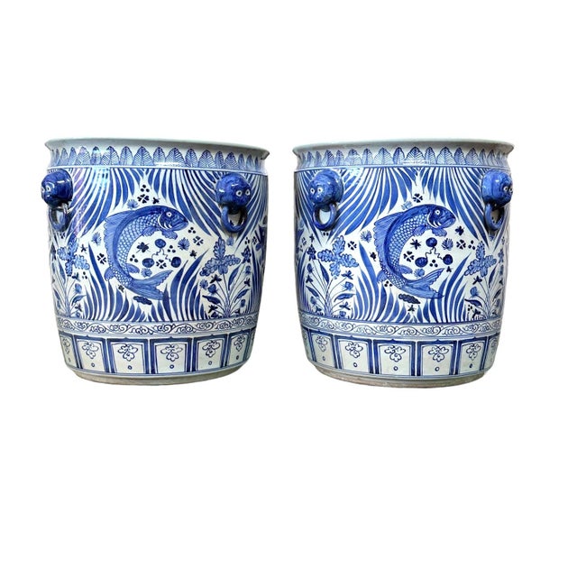 2020s Contemporary Large Chinoiserie Coastal Blue & White Planters - a Pair For Sale - Image 5 of 5