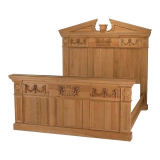 French Timothy Oulton Intricately Carved Modern King Size Oak Bedframe For Sale