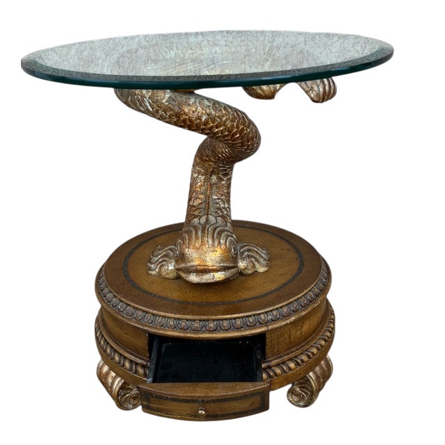 French 1990s Dolphin Koi Baroque Side End Table Serpent Gold Gilt Pedestal With Drawer For Sale - Image 3 of 18