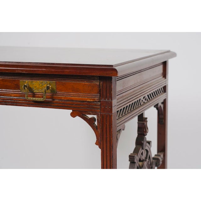 1880s English Aesthetic Movement Mahogany Writing Desk With Pierced Geometric Carving For Sale - Image 4 of 9