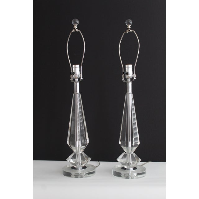 Pair of cut crystal Waterford influence table lamps. Individually cut pieces creating gleaming sculptural and interesting...