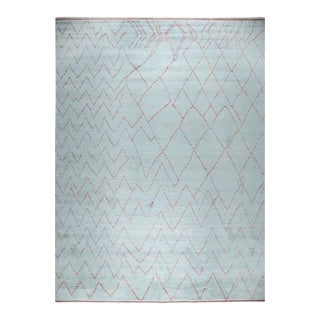 9x12 Blue Hand-Knotted Wool Chevron Gridwork Tribal Modern Carpet Rug For Sale