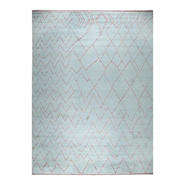 9x12 Blue Hand-Knotted Wool Chevron Gridwork Tribal Modern Carpet Rug For Sale