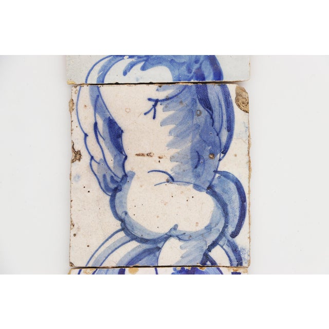 Ceramic 18th Century Set of Four Tiles Depicting a Cherub Holding a Baroque Torchiere For Sale - Image 7 of 10