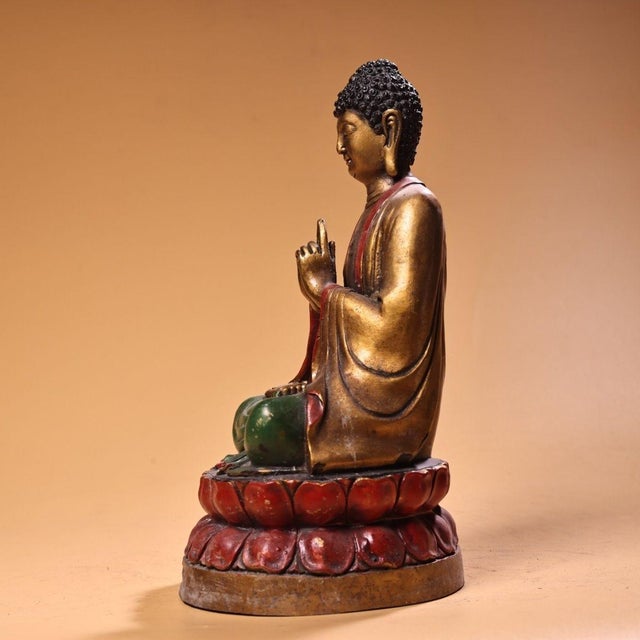 Art Deco Vintage Painted Copper Buddha Statue on Double Lotus Base For Sale - Image 3 of 10